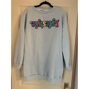 VTG Lyfestyle Light Blue Upside Down Logo Pullover Sweatshirt Mens SZ L Brooklyn
